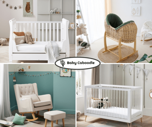 Nursery furniture pictures of white cot, nursing chair with footstool and wicker moses basket