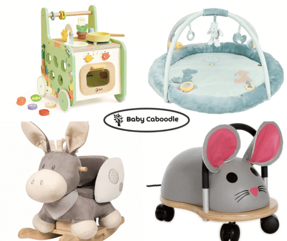 Baby toys pictures of a wooden walker, playmat with arches, sit on rocking donkey and sit on mouse on castors.