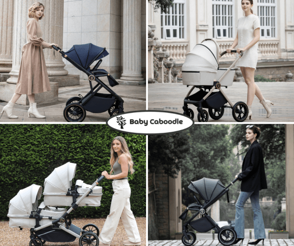 4 pictures of stroller, pushchair, travel system and double pram