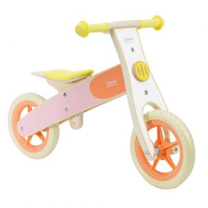 BIKES AND TRIKES Wooden balance bike in orange, yellow and pink colours