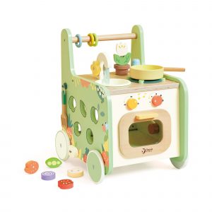 WALKERS Wooden kitchen walker with handle and wheels. Includes an oven, cooking accessories and activity panels on the sides.
