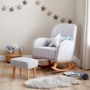 NURSING CHAIRS Freya Nursing Chair with matching stool in grey fabric with natural wood rockers and legs.