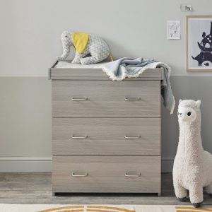 CHEST CHANGERS Babymore Caro 3 drawer chest with changing unit top in grey wash.