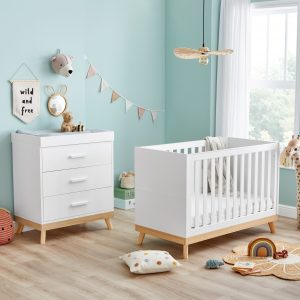 NURSERY FURNITURE Babymore Mona 2 piece nursery furniture set in white and oak with cot and changing chest