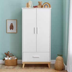 WARDROBES Babymore MONA wardrobe with bottom drawer in white with natural wood base and feet.