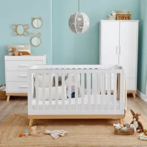 3 PIECE ROOM SETS Nursery room with cot bed, wardrobe and chest changer in white with natural beech base and legs