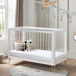 COT BEDS Babymore Kimi Cot bed with white frame, clear acrylic slats and metal hairpin legs