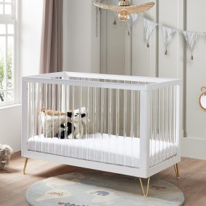 Kimi Acrylic Cot Bed Babymore KIMI cot bed with a white frame, clear acrylic slats and retro hairpin legs