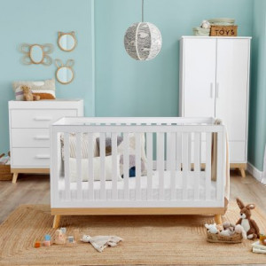 MONA 3 Piece Nursery Furniture Set Babynore Mona 3 piece nursery furnture in white with natural beech base and legs. Cot Bed, Wardrobe and Changing Chest