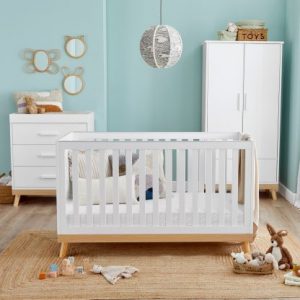 MONA 3 Piece Nursery Furniture Set Babynore Mona 3 piece nursery furnture in white with natural beech base and legs. Cot Bed, Wardrobe and Changing Chest