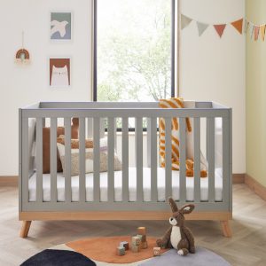 Mona Cot Bed Babymore MONA cot bed with grey dlats and natural beech base and legs