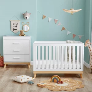 2 PIECE ROOM SETS Nursery room woth cot bed and changing chest in white with natural beech feet and base