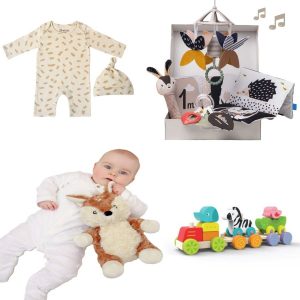 SHOP ALL NEWBORN GIFTS & TOYS Selection of newborn gifts and toys including a Finley Fawn Nightlight, wooden zoo train set, organic cotton romper suit & hat, and a black & white newborn developmental kit.