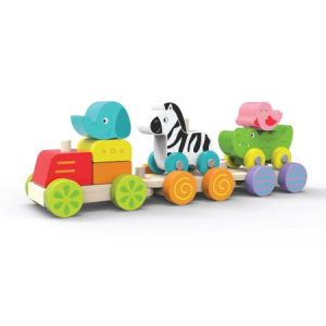 Toys Wooden train set with wheeled trucks and zoo animals elephant, zebra, crocodile and bird.