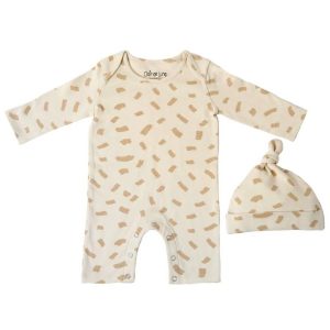 Clothing Gifts Little Dreamers organic cotton romper suit and hat in cream with beige pattern.